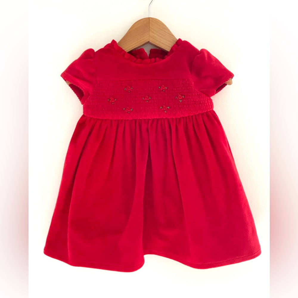 NEW Velvet Christmas Smocked Embroidered Baby Girl Holiday Dress, Fully Lined - Picture 3 of 15